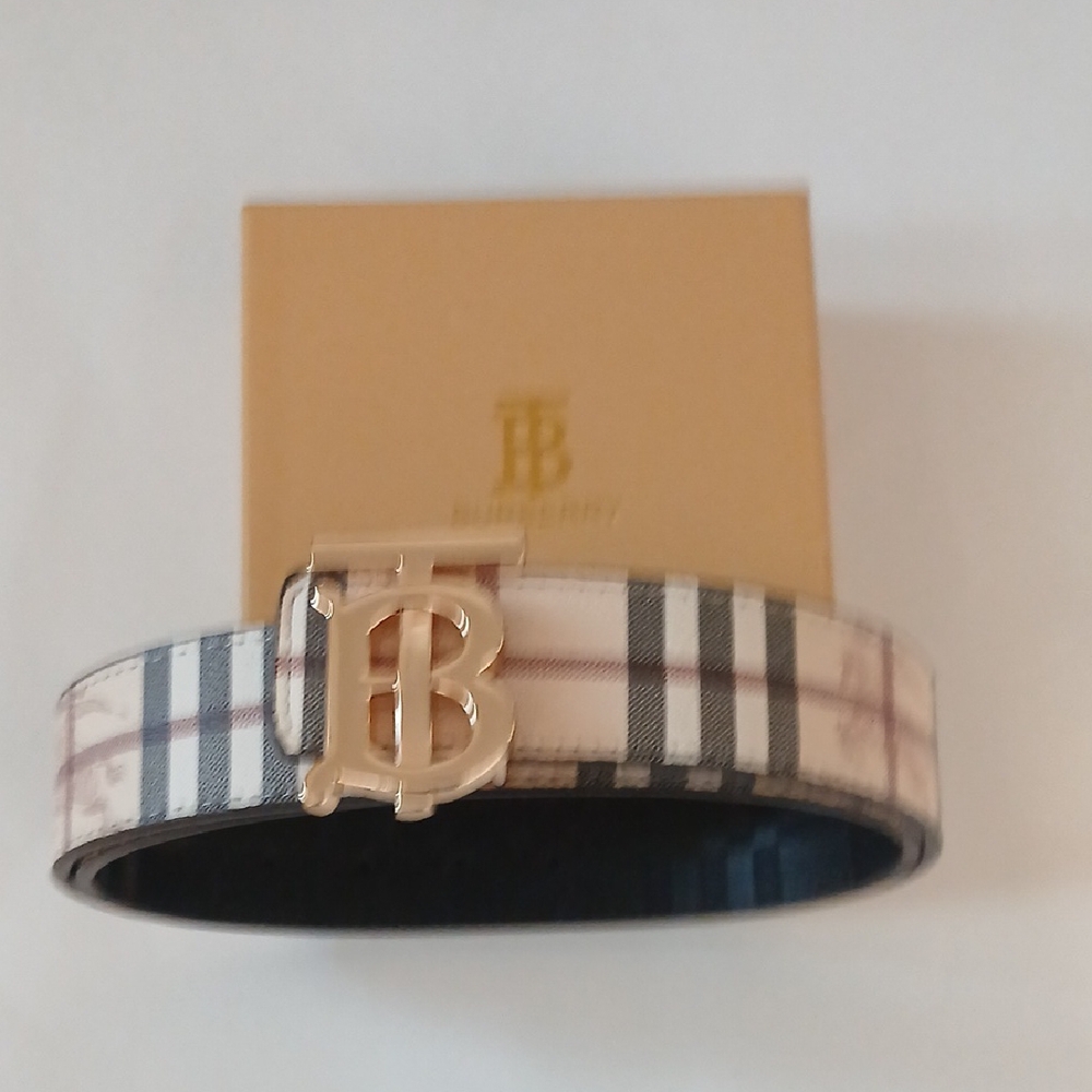 Burberry Cream and Black Belt with TB Monogram NEW REVERSIBLE BLACK/TAN Size 34